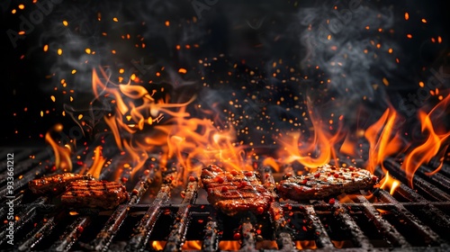 Barbecue Grill With Fire Flames - Empty Fire Grid On Black Background. 