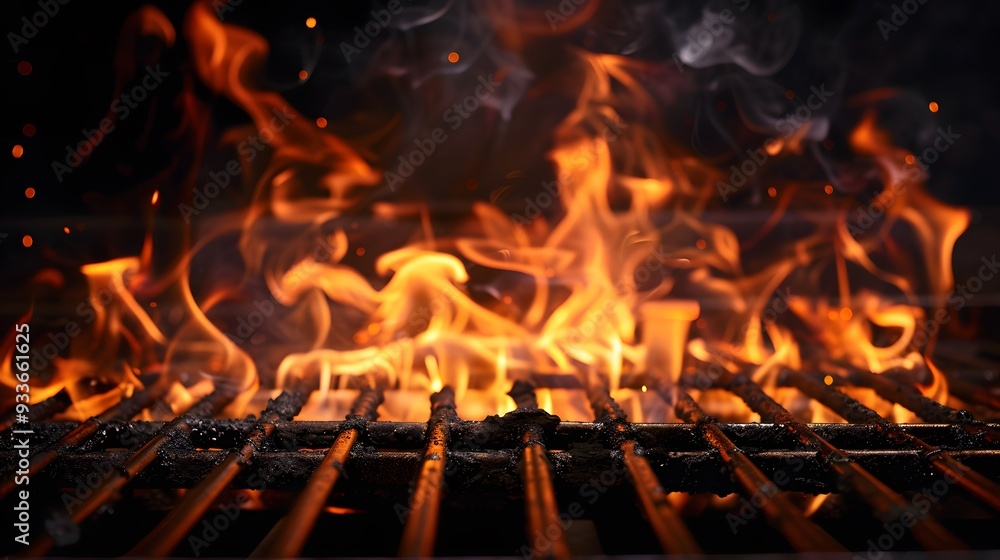 Barbecue Grill With Fire Flames - Empty Fire Grid On Black Background. Barbecue Grill With Fire Flames - Empty Fire Grid On Black Background.