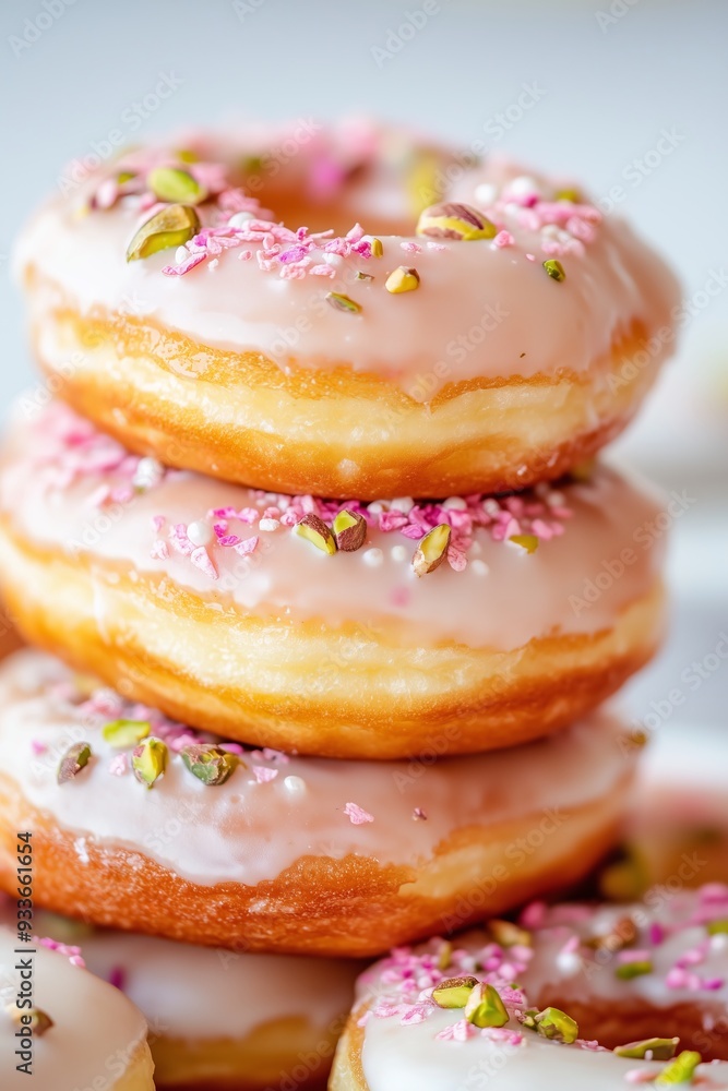 stack of freshly made donuts with a creamy glaze, topped with crushed pistachios and pink sprinkles stack of freshly made donuts with a creamy glaze, topped with crushed pistachios and pink sprinkles