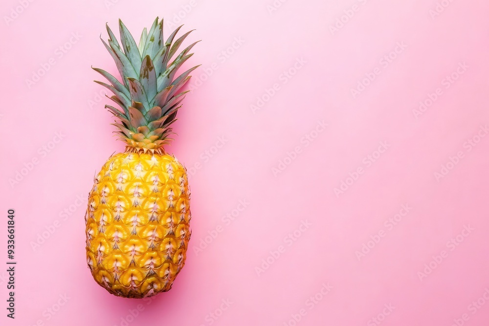 Gold Pineapple on a pink background, top view, copy space. Summer background concept with generative ai Gold Pineapple on a pink background, top view, copy space. Summer background concept with generative ai