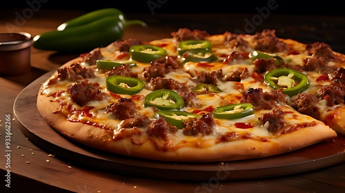 Photo picy Fiesta A Pizza with a Kick Featuring Jalapenos Red Pepper Flakes and Spicy Sausage Pizza Pizza Hot and Cheesy Grab a Slice and Make It Easy photo