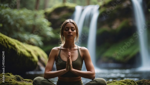 Fototapeta Naklejka Na Ścianę i Meble -  Woman meditating in nature with a waterfall in the background
