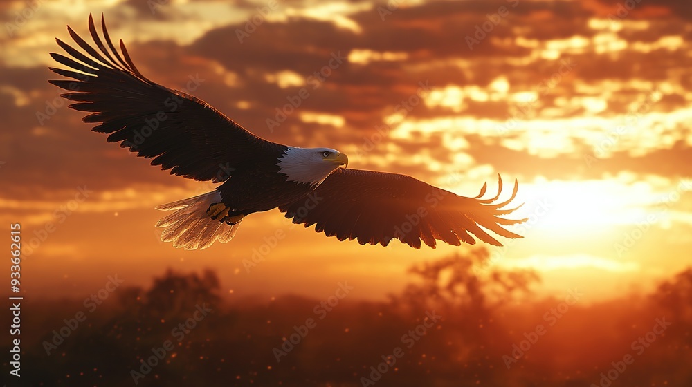 Naklejka premium Sunset Soars with Majestic Eagle in Flight, Embracing the Golden Hour's Warmth, Wildlife and Nature's Splendor in a Realistic Animal Geographical Image