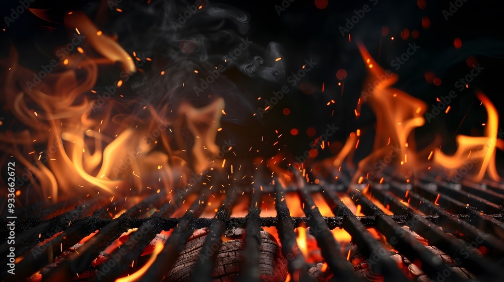 Barbecue Grill With Fire Flames - Empty Fire Grid On Black Background. Barbecue Grill With Fire Flames - Empty Fire Grid On Black Background.
