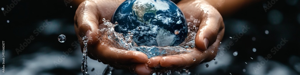 Fototapeta premium Earth Day Concept: Hand Holding Water Drop and Globe. Sustainable Energy and Environmental Protection Illustration. AI-Generated Minimalist Design for Eco-Friendly Campaigns, UI, Posters, and High-Res