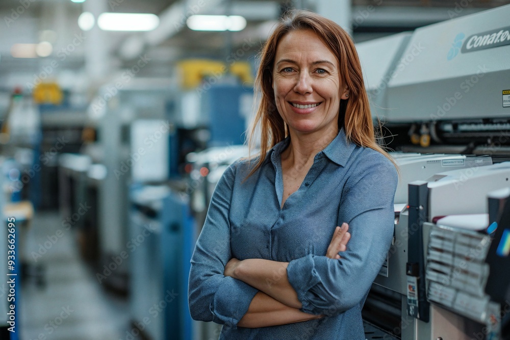 Smiling female entrepreneur standing indoors in a factory, surrounded by printing machines, representing small business ownership in the printing Smiling female entrepreneur standing indoors in a factory, surrounded by printing machines, representing small business ownership in the printing