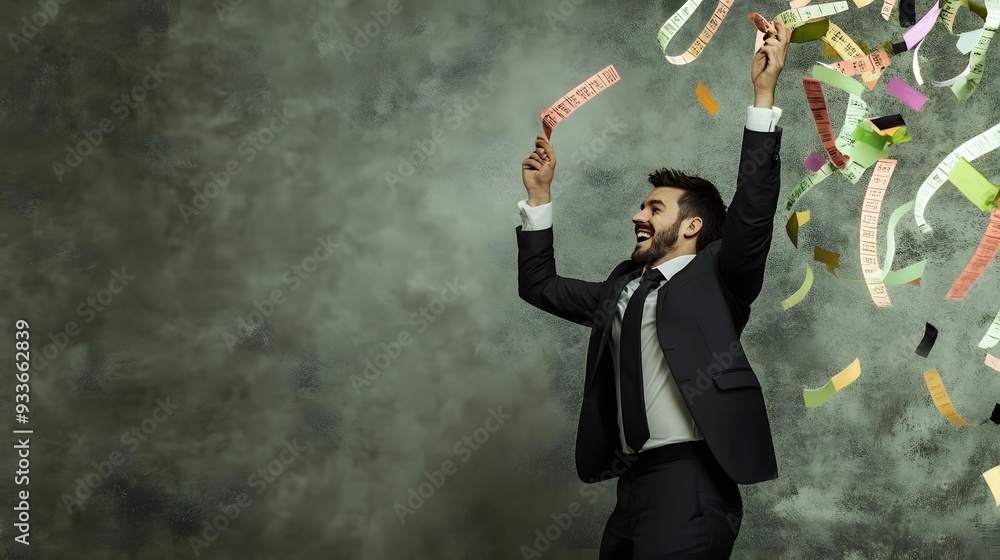 A man in a suit celebrates with confetti falling around him. A man in a suit celebrates with confetti falling around him.