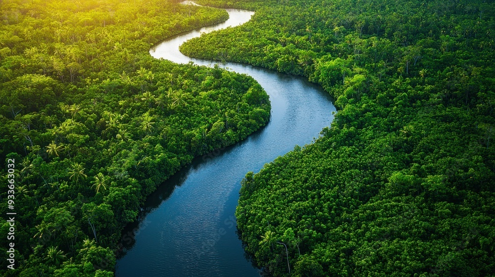 Serene Aerial View of Meandering River in Lush Rainforest Canopy Serene Aerial View of Meandering River in Lush Rainforest Canopy