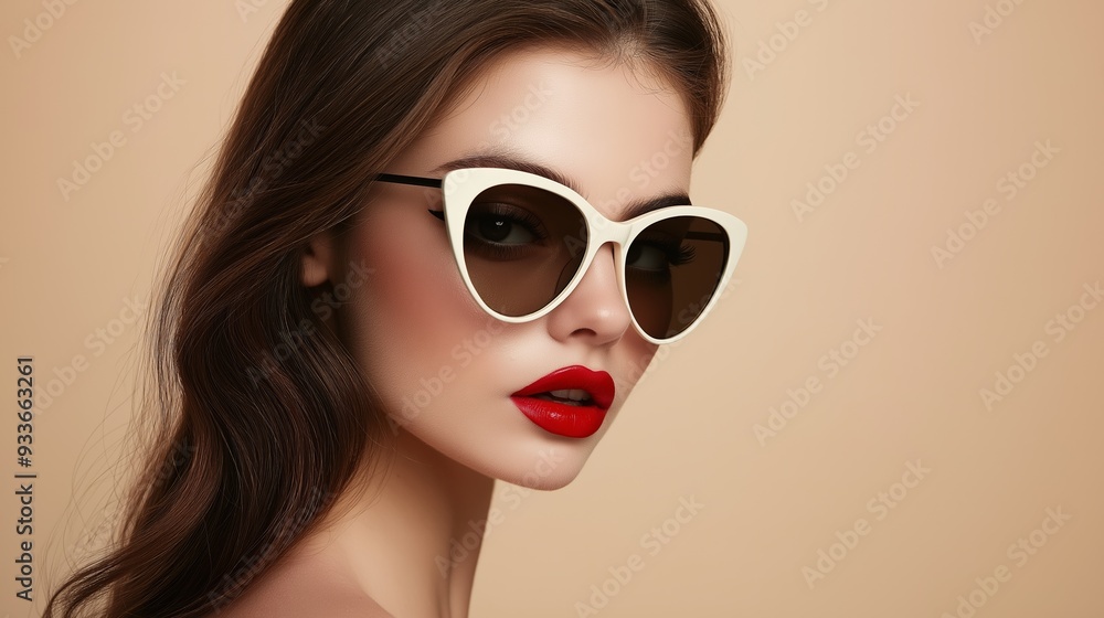 A woman with long brown hair and red lipstick stands in front of a tan background. She is wearing a pair of sunglasses that are white and black A woman with long brown hair and red lipstick stands in front of a tan background. She is wearing a pair of sunglasses that are white and black