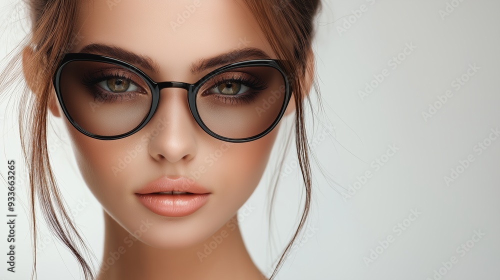 Fototapeta premium A woman with glasses and a nice smile. She is wearing a black frame