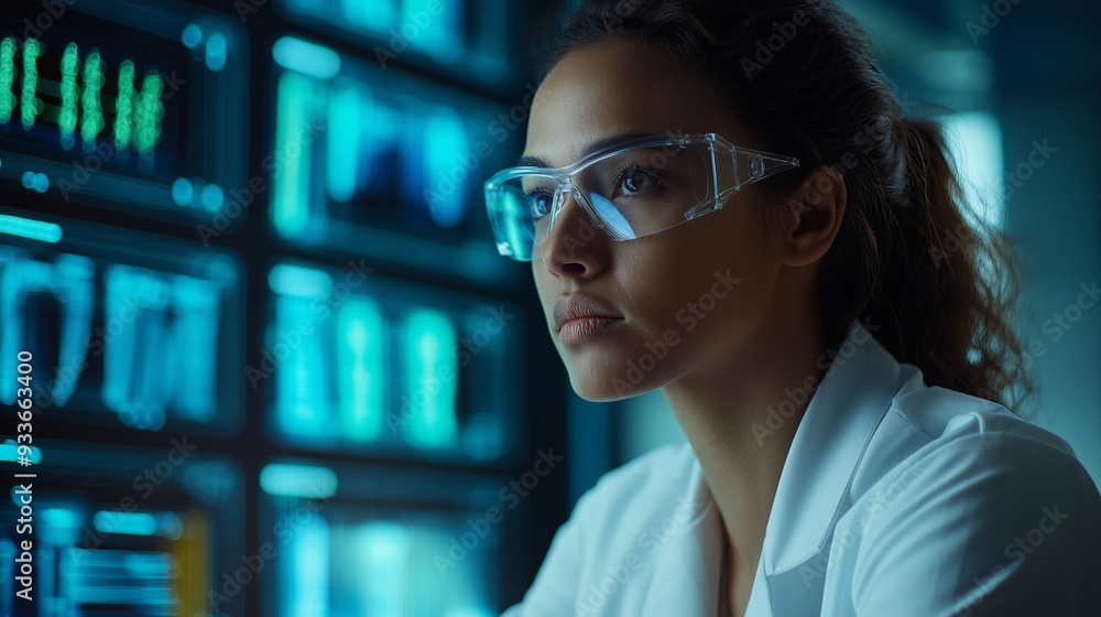 A woman wearing glasses is looking at a computer screen with a lot of numbers and graphs. She is focused and attentive, possibly analyzing data or working on a project A woman wearing glasses is looking at a computer screen with a lot of numbers and graphs. She is focused and attentive, possibly analyzing data or working on a project