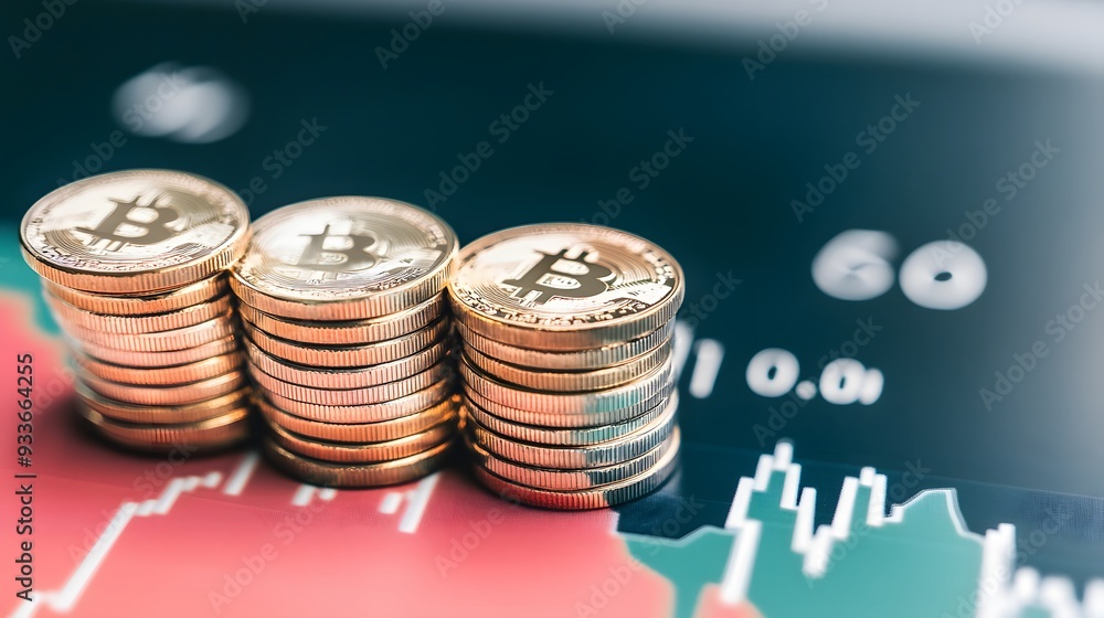 Stacks of gold Bitcoin coins on a graph.