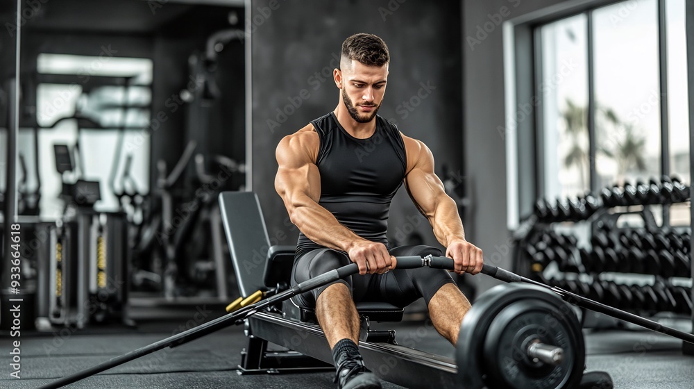 Fitness enthusiast using rowing machine in a sleek modern gym focusing on endurance training Fitness enthusiast using rowing machine in a sleek modern gym focusing on endurance training