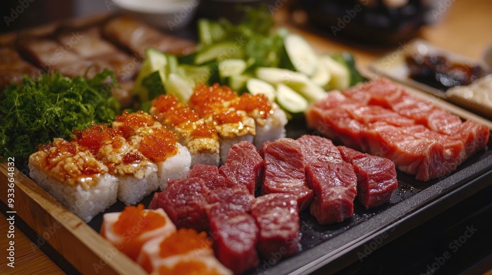 sushi, lamb, beef, lamb chops, beef steak, ribs, vegetables, salad, close-up focus, wasabi, natto, and vegetable, background with blurry effect sushi, lamb, beef, lamb chops, beef steak, ribs, vegetables, salad, close-up focus, wasabi, natto, and vegetable, background with blurry effect