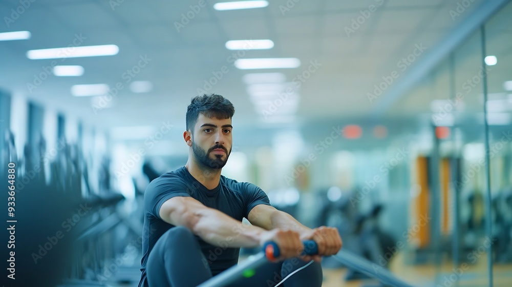 Fitness enthusiast using rowing machine in a sleek modern gym focusing ...