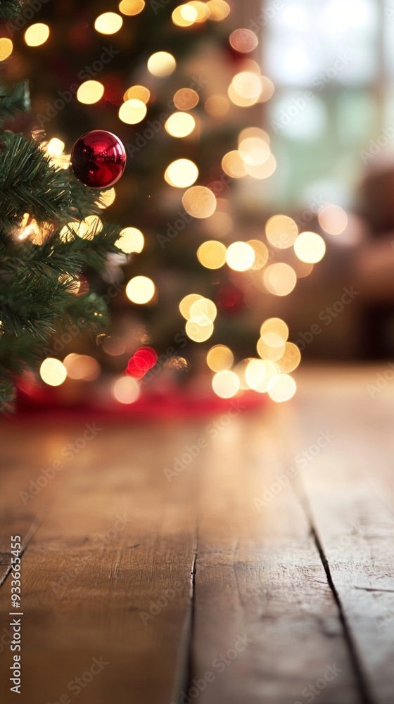 Festive Christmas scene with a red ornament hanging on a tree branch, blurred lights in background, and rustic wooden floor in foreground. Festive Christmas scene with a red ornament hanging on a tree branch, blurred lights in background, and rustic wooden floor in foreground.