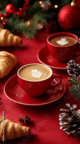 Festive holiday scene with two red cups of latte art cappuccinos, fresh croissants, and Christmas decorations on a vibrant red background, evoking warmth and cheer.