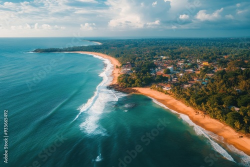 Aerial view of a serene coastal beachline with turquoise water and vibrant greenery under a partly cloudy sky. photo