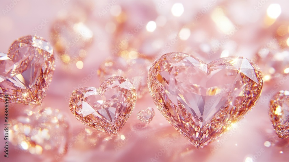 Heart-shaped shiny diamonds set in golden, sparkling jewelry against a soft pink background, highlighting the elegance and luxury of the design. Heart-shaped shiny diamonds set in golden, sparkling jewelry against a soft pink background, highlighting the elegance and luxury of the design.