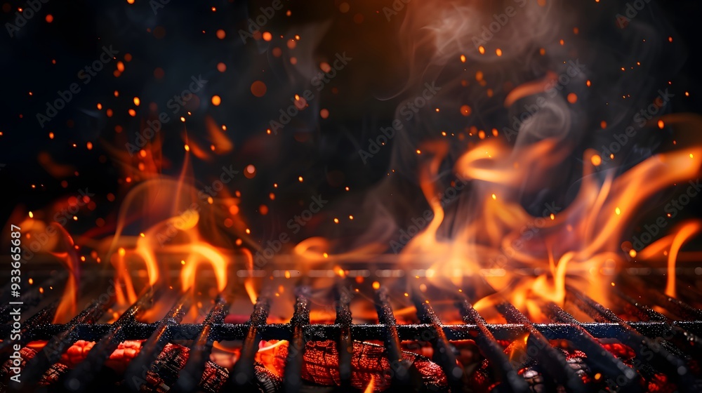 Barbecue Grill With Fire Flames - Empty Fire Grid On Black Background. Barbecue Grill With Fire Flames - Empty Fire Grid On Black Background.