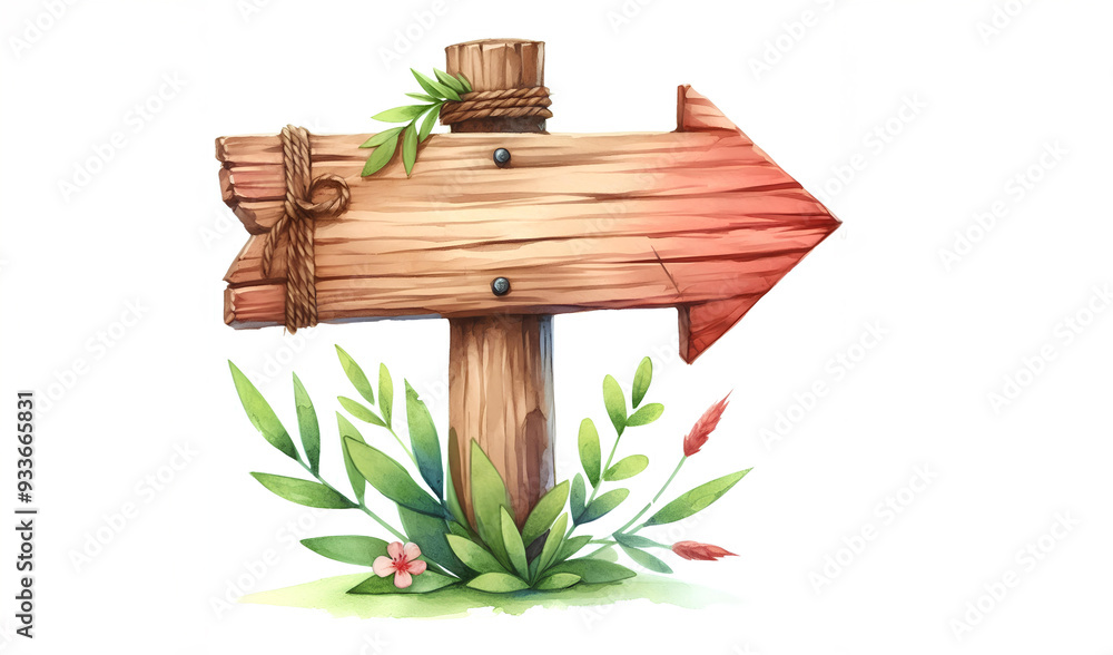 Watercolor painting of a wooden sign with a single red arrow pointing to the right. Watercolor painting of a wooden sign with a single red arrow pointing to the right.