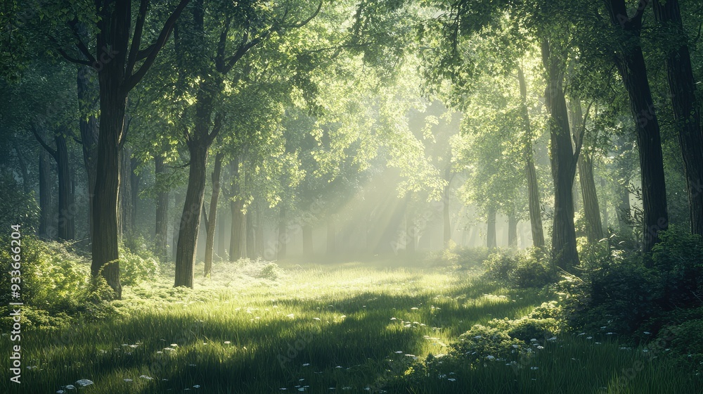 Naklejka premium A secluded, tranquil forest clearing with soft, dappled light filtering through the trees, creating a serene and reflective atmosphere.