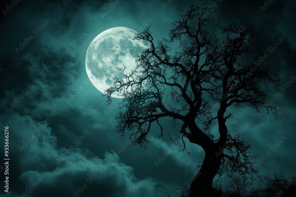 Halloween night ; A dark tree against a full moon with clouds in with generative ai Halloween night ; A dark tree against a full moon with clouds in with generative ai