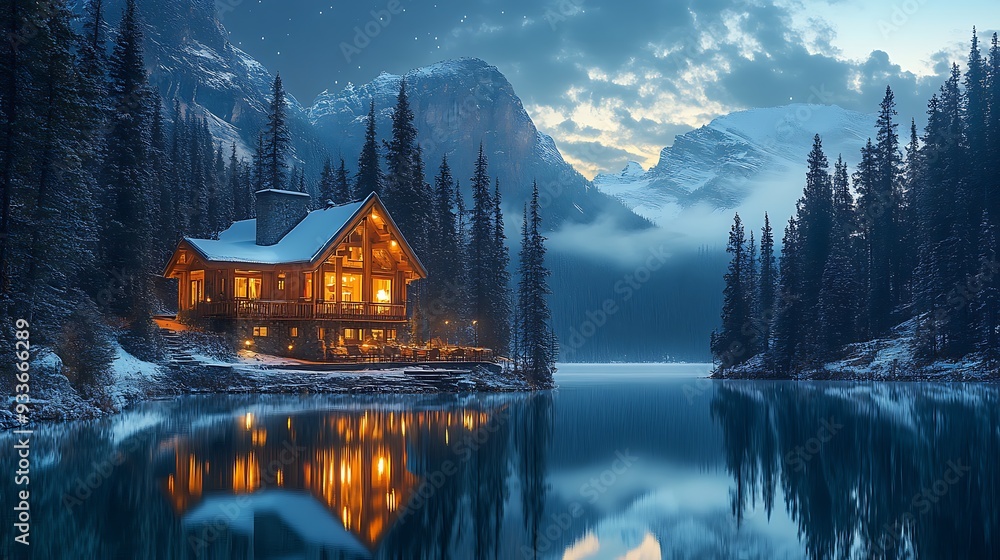 Obraz premium A cozy cabin with warm lights nestled amidst snow-covered trees and a serene lake reflecting the night sky.