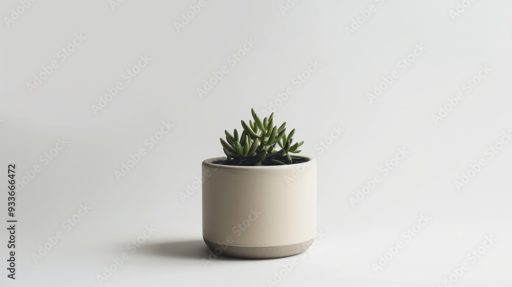 Small green succulent plant growing in a white pot on a white background Small green succulent plant growing in a white pot on a white background