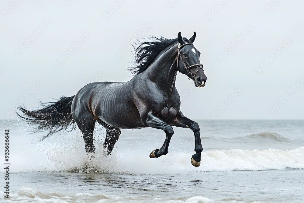 Black horse galloping along the beach Black horse galloping along the beach