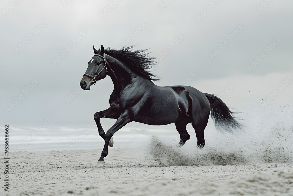 Black horse galloping along the beach Black horse galloping along the beach