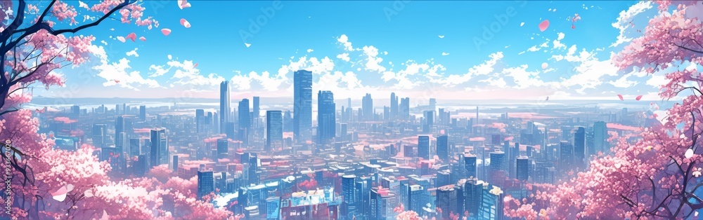 Fototapeta premium anime-style Enchanted Pastel City Skyline: A Whimsical Illustration for Leisure Vacations, Travel, and the Ideal Travel Poster in 4K Wallpaper,Anime-Style,illustration,Picture BooksFor Poster,Novel,UI