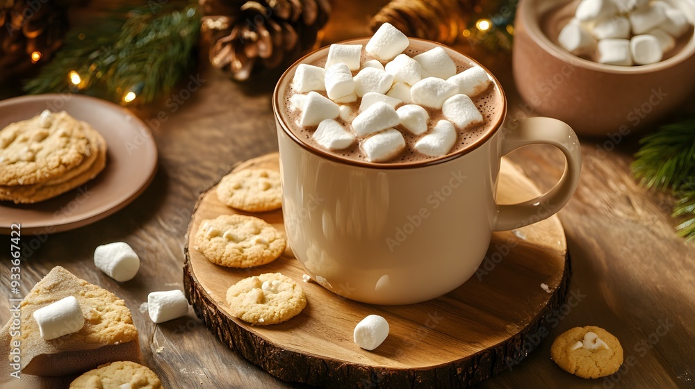 A mug of hot chocolate topped with marshmallows and surrounded by cookies. A mug of hot chocolate topped with marshmallows and surrounded by cookies.