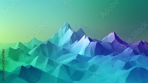 Tranquil Blue and Green Gradient Abstract Background with Low-Poly 3D Mountain Shapes