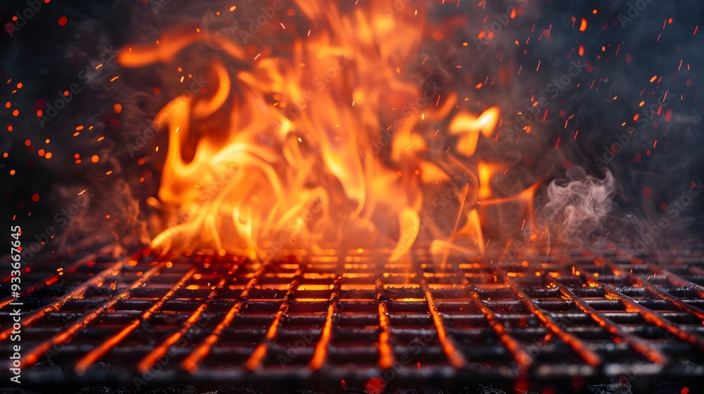 Barbecue Grill With Fire Flames - Empty Fire Grid On Black Background. Barbecue Grill With Fire Flames - Empty Fire Grid On Black Background.