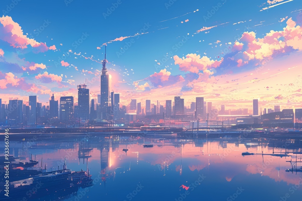 anime-style Enchanted Pastel City Skyline: A Whimsical Illustration for