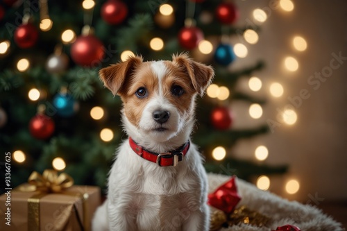 Wire Haired Jack Russell Terrier puppy as christmas present for children concept. Rough coated pup by the decorated holiday tree, festive bokeh lights. Close up