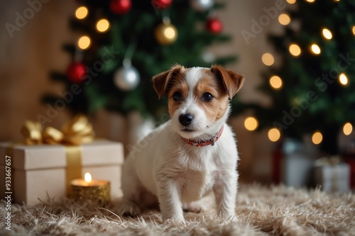 Wire Haired Jack Russell Terrier puppy as christmas present for children concept. Rough coated pup by the decorated holiday tree, festive bokeh lights. Close up
