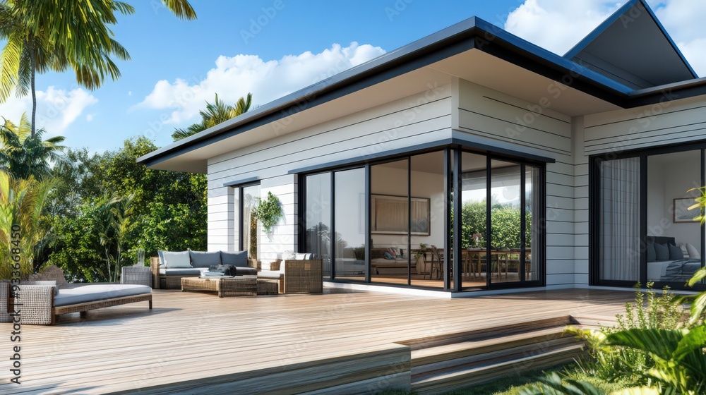 A 2-storey house with a coastal design, featuring a spacious deck, large sliding doors, and a light, airy facade that captures the essence of seaside living. A 2-storey house with a coastal design, featuring a spacious deck, large sliding doors, and a light, airy facade that captures the essence of seaside living.