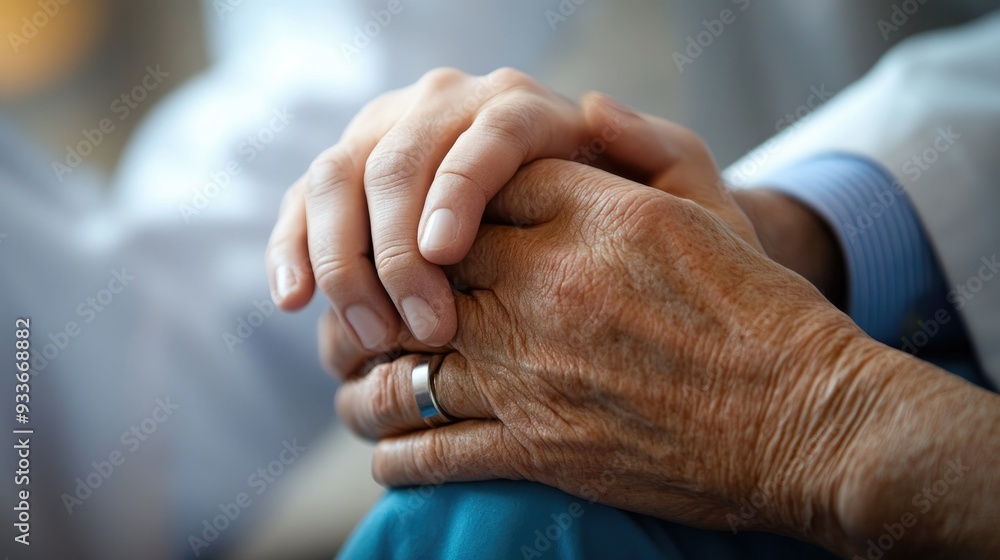 Fototapeta premium Intimate close-up of clasped hands between a doctor and a patient, highlighting a comforting and compassionate moment during a medical consultation.