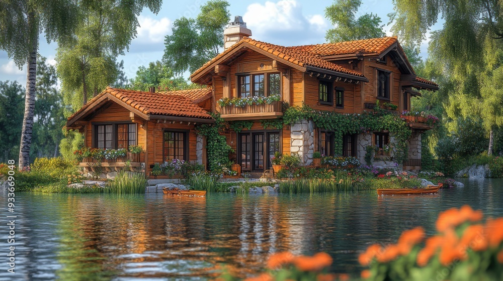 A charming wooden house surrounded by a serene lake and lush greenery. A charming wooden house surrounded by a serene lake and lush greenery.