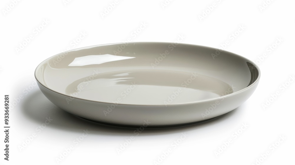 Empty round shallow grey dish standing on white background Empty round shallow grey dish standing on white background