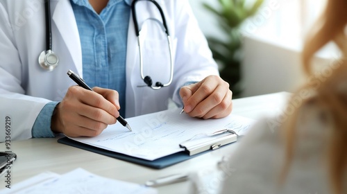 General practitioner a private practice writing notes during a patient consultation