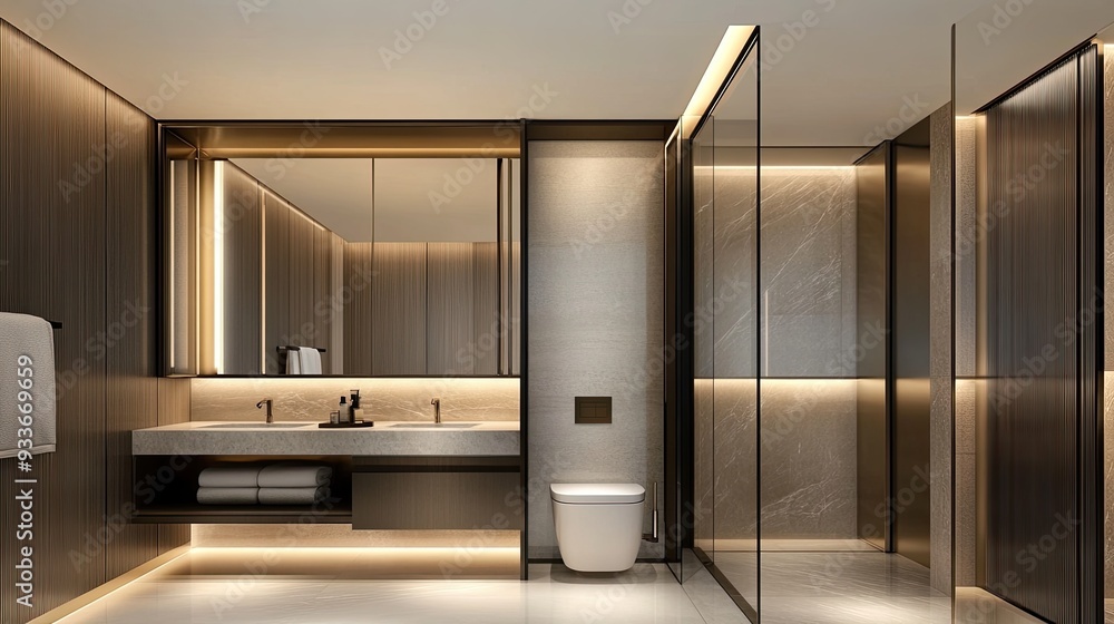 This contemporary bathroom showcases gray and white decor, a large mirror above the sink, and bright lighting enhancing the modern ambiance This contemporary bathroom showcases gray and white decor, a large mirror above the sink, and bright lighting enhancing the modern ambiance