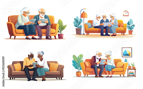 Elderly couple sharing tablet and sitting on sofa at home vector illustration