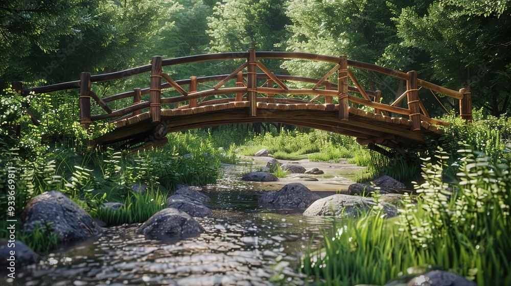 Wooden Bridge Over Forest Stream 3D Illustration Wooden Bridge Over Forest Stream 3D Illustration