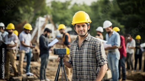 Indian man wearing a hard hat standing in front of a construction site, overseeing construction progress, project supervision