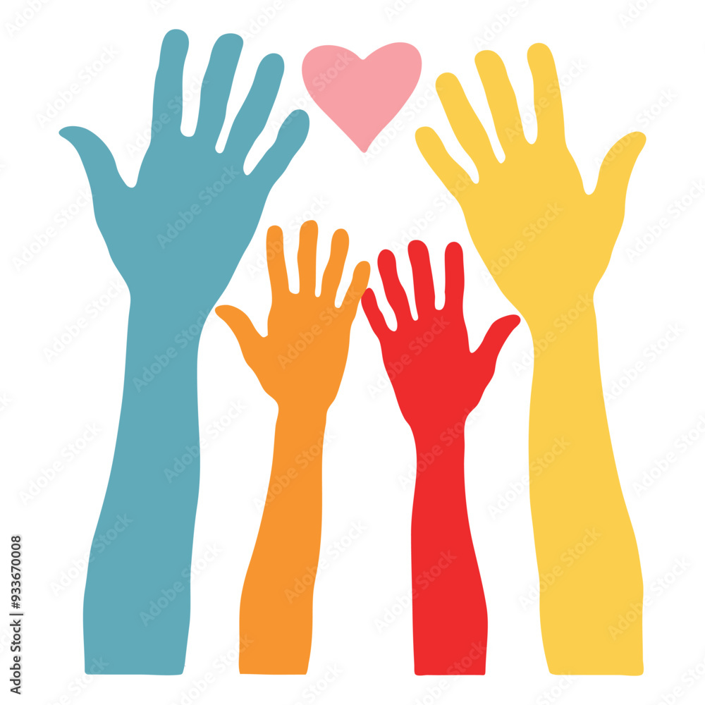 Obraz premium Hand with heart valentine silhouette, Raise hand symbol icon vector, Valentine's Day doodle