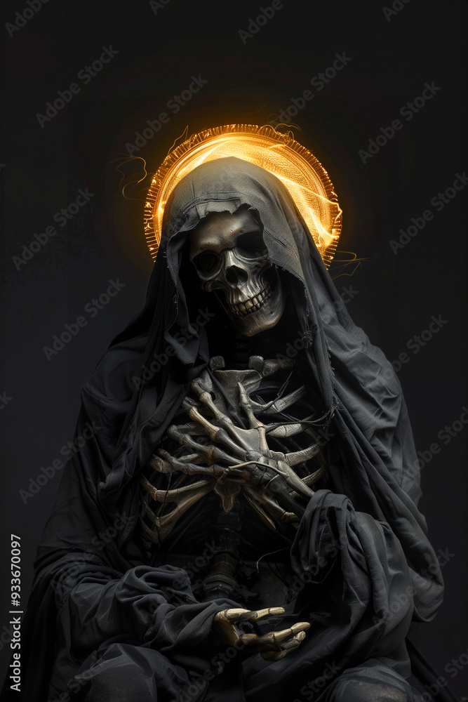 A skeleton is sitting in a black cloak with a golden cross on its head A skeleton is sitting in a black cloak with a golden cross on its head