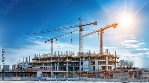 Construction site with cranes and buildings under construction, active site development, machinery and structures, ongoing construction work